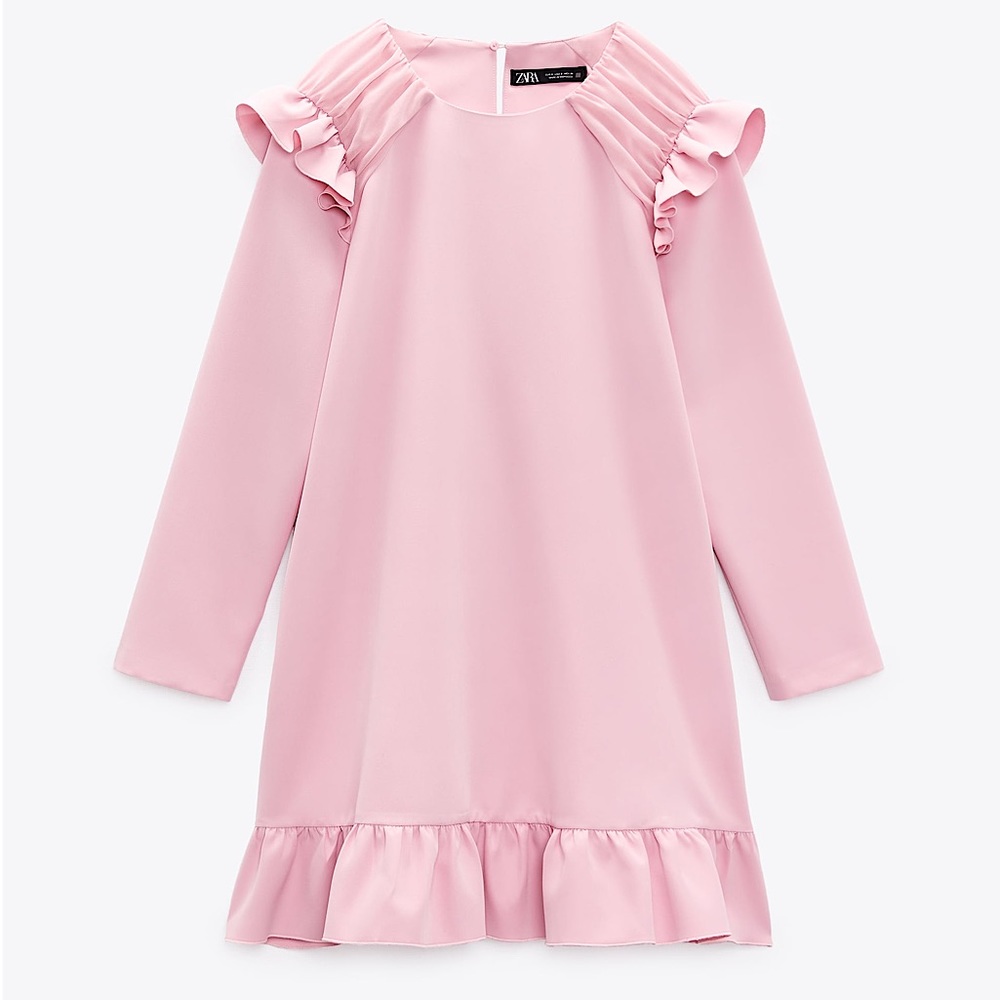 NWOT Zara Pink Shift Dress Ruffle Shoulders Long Sleeve Dress Size Small Pockets